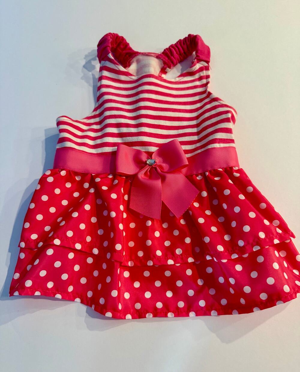 Pink Striped & Polka Dot Dog Dress - Rhinestone Bow Size Small